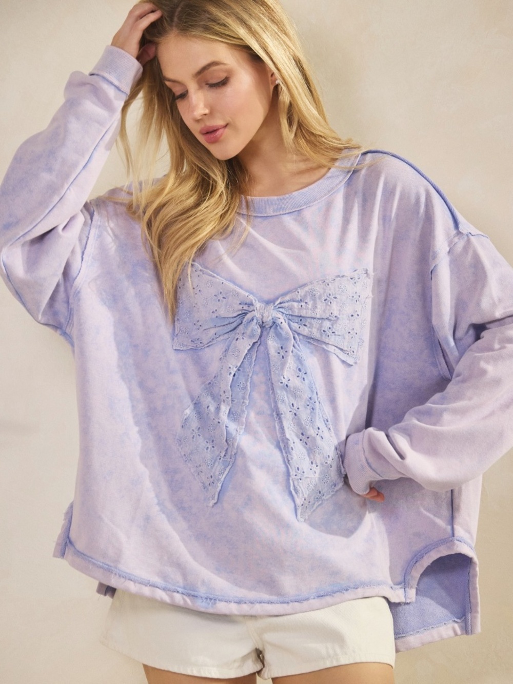 Sage + Fig Lavender Eyelet Bow Patch Long Sleeve Top